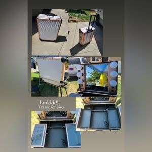 A portable rose gold and gold vanity